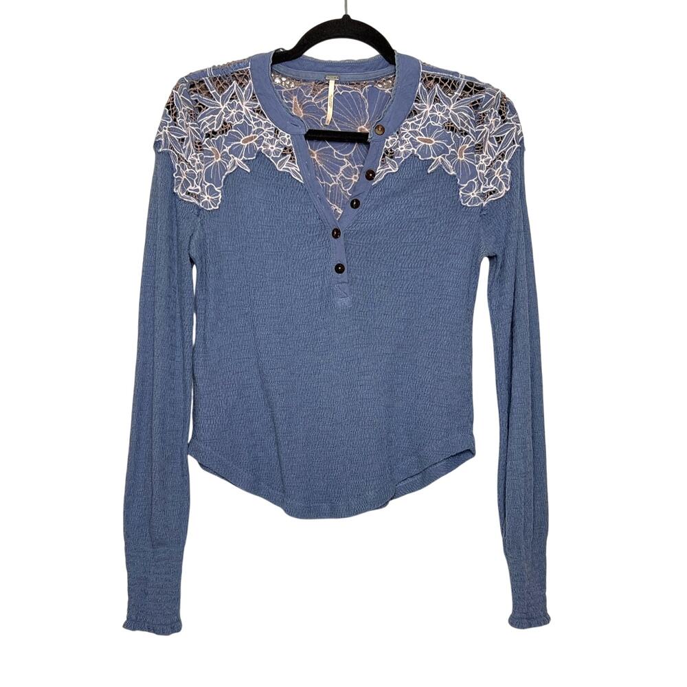 Free People Easy Breezy Blue Thermal Henley Top Small Long Sleeve Boho Shirt